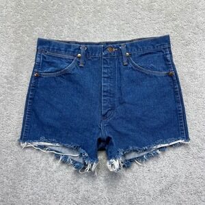 VINTAGE Wrangler Denim Shorts Sz 33 Blue High Rise Cut Off Western Jorts Y2k USA